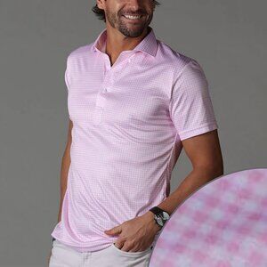 Collars & Co Semi-Spread Collar Short-Sleeve Golf Polo, Pink Gingham, XL